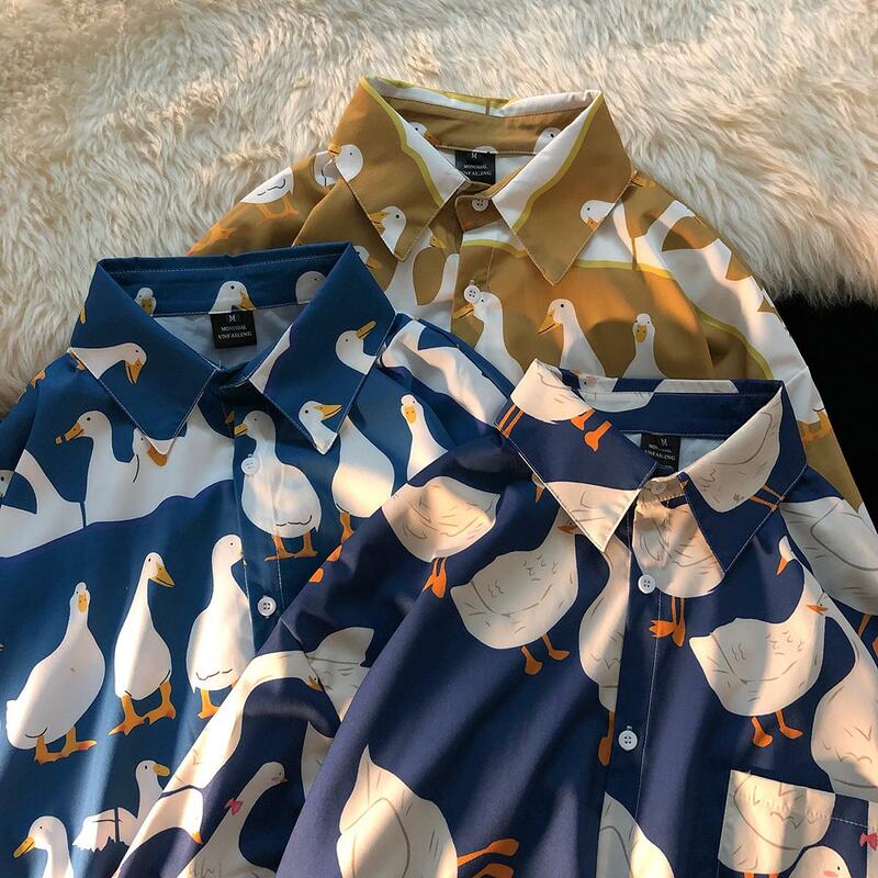 Повседневная Уличная рубашка с принтом утки, с коротким длинным рукавом, для женщин и мужчин, 2023, гавайская пляжная Модная рубашка оверсайз в стиле Харадзюку, новинка для пар