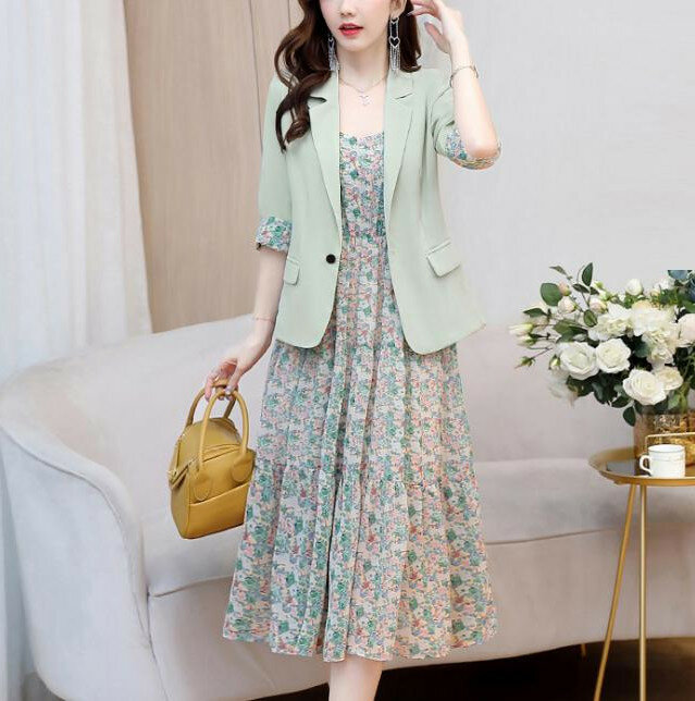 Chic And Elegant Woman Dress Office Fashion Slim Solid Color Suit Coat + Knee length Floral Waist Dress Two Piece Suit
