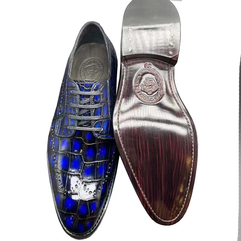 Chue nouvelle arrivée hommes robe chaussures hommes chaussures formelles hommes crocodile chaussures en cuir bleu À motifs Sculptés chaussures Richelieu pour homme bleu