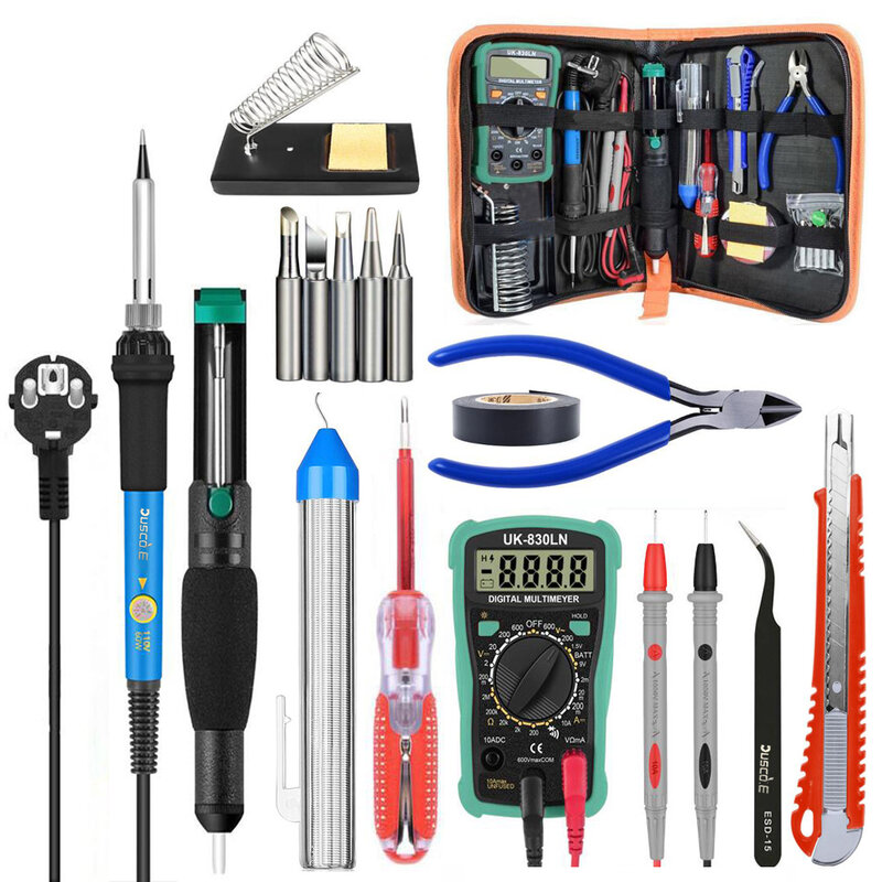 Kit de fer à souder électrique avec température réglable, station de soudage, support de fer, pompe à dessouder, outils de soudage, 60W, 110V, 220V