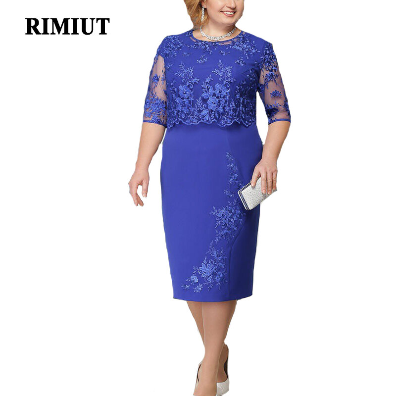 Rimiut Gaun Wanita Musim Panas Musim Gugur Ukuran Plus 5XL 6XL Gaun Renda Elegan Gaun Pesta Malam Biru Wanita Ukuran Besar Gemuk MM