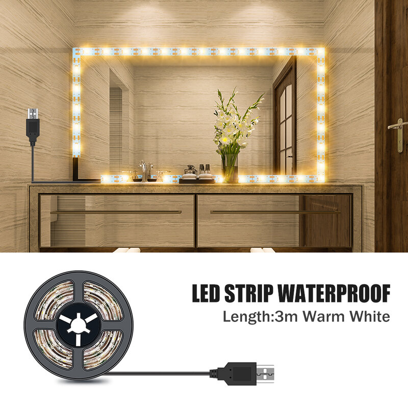 Lampe LED pour miroir de maquillage, Hollywood USB, bande lumineuse douce pour fond de TV, ruban d'éclairage pour salle de bain 50cm 1m 2m 3m 4m 5m, 2835