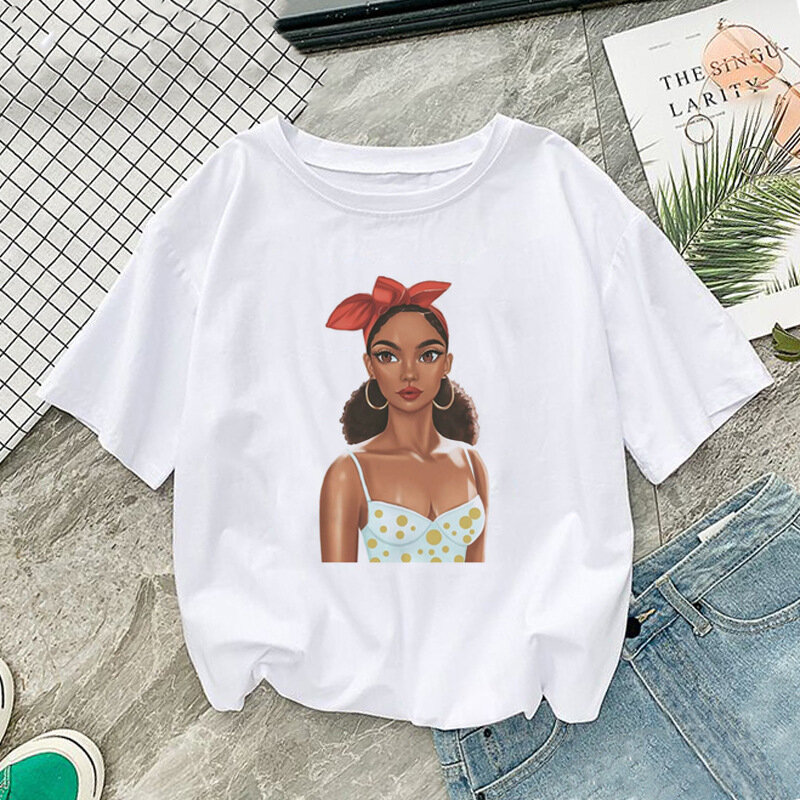Melanina Poppin Camisa Moda T Shirt Mulheres Negras Africano Cabelo Encaracolado Menina Impresso Camiseta Femme Roupas Harajuku Feminino T-shirt Tops