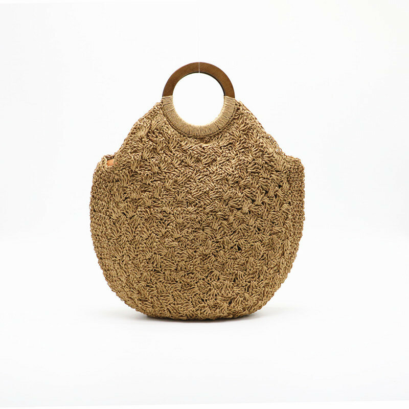 Bolsa feminina tecido com alça de madeira, nova bolsa feminina redonda de tamanho grande para viagem, praia, 2020