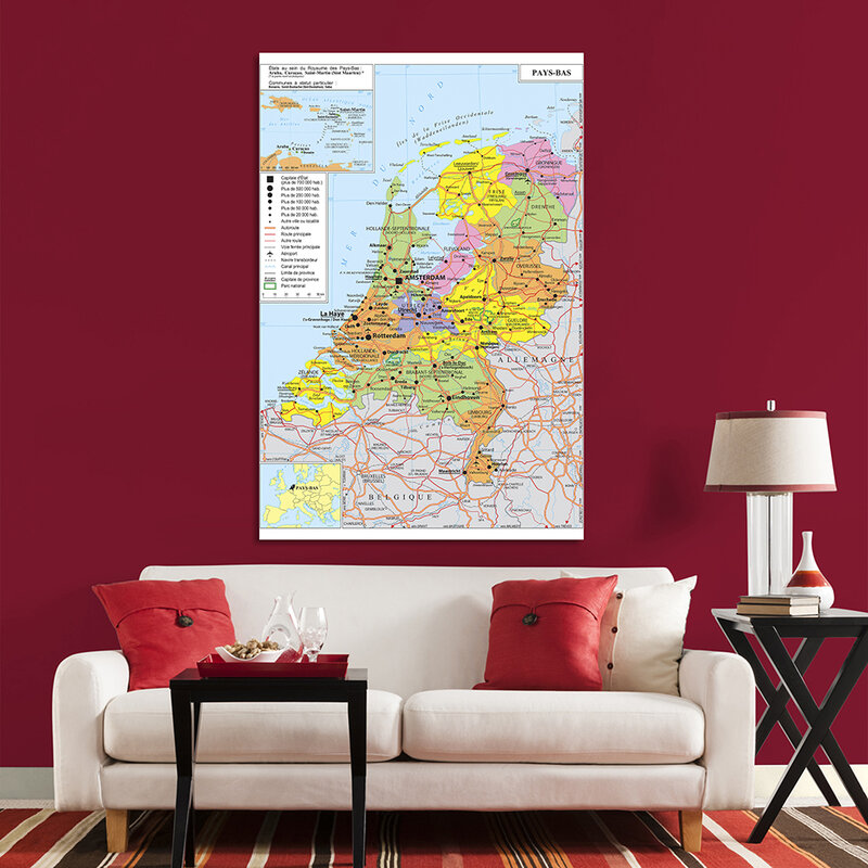 Grande affiche carte des transports des Pays-Bas en français, peinture sur toile non tissée, décoration d'intérieur, fournitures scolaires, 150x225cm