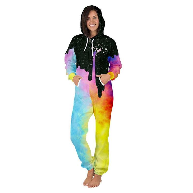 Combinaison pyjama à capuche pour femmes, imprimé 3D, fermeture éclair, manches longues, grande taille, vêtements de nuit, salopette, automne