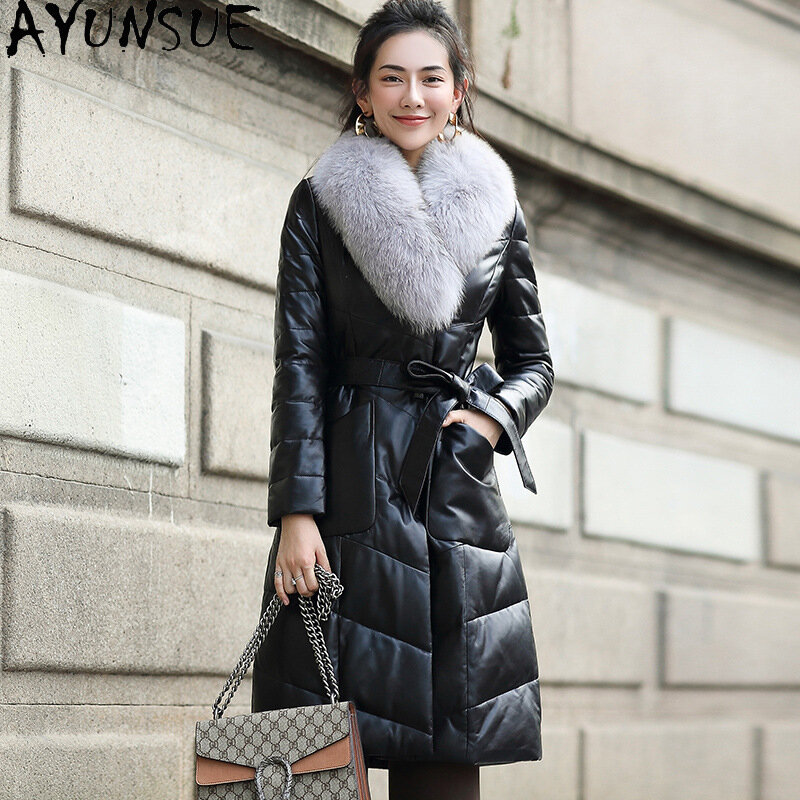 AYUNSUE 2020 Winter Leather Jacket Women 90% White Duck Down Coat Female Real Sheepskin Coats Fox Fur Collar Fashion Clothes LW7