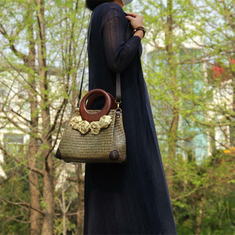 Bolsa de mão estilo tailandês palha 32x21cm, bolsa de ombro mensageiro, cor vintage, bolsa de mão, couro pu, artesanal, flores, a6105