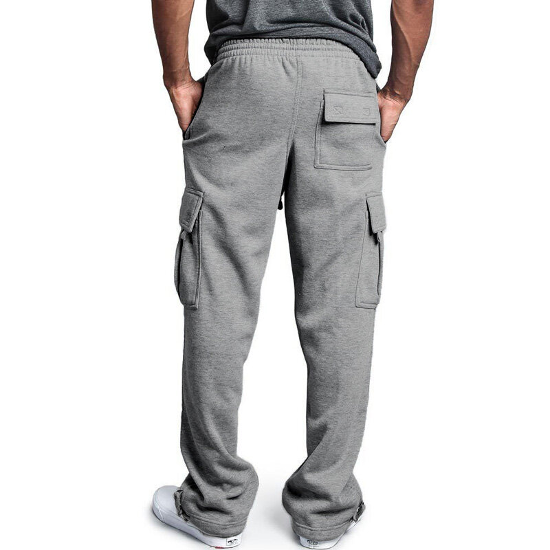 Calças esportivas masculinas plus size multi-bolsos folgado solto calças retas sólida planície popular streetwear calças masculinas bottoms M-4XL