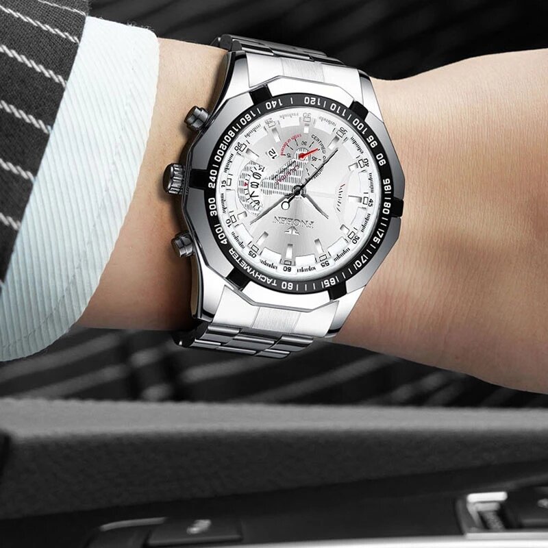 FNGEEN-럭셔리 남자 시계 스테인레스 스틸 밴드 패션 방수 쿼츠 시계, 남자 캘린더 남성 시계