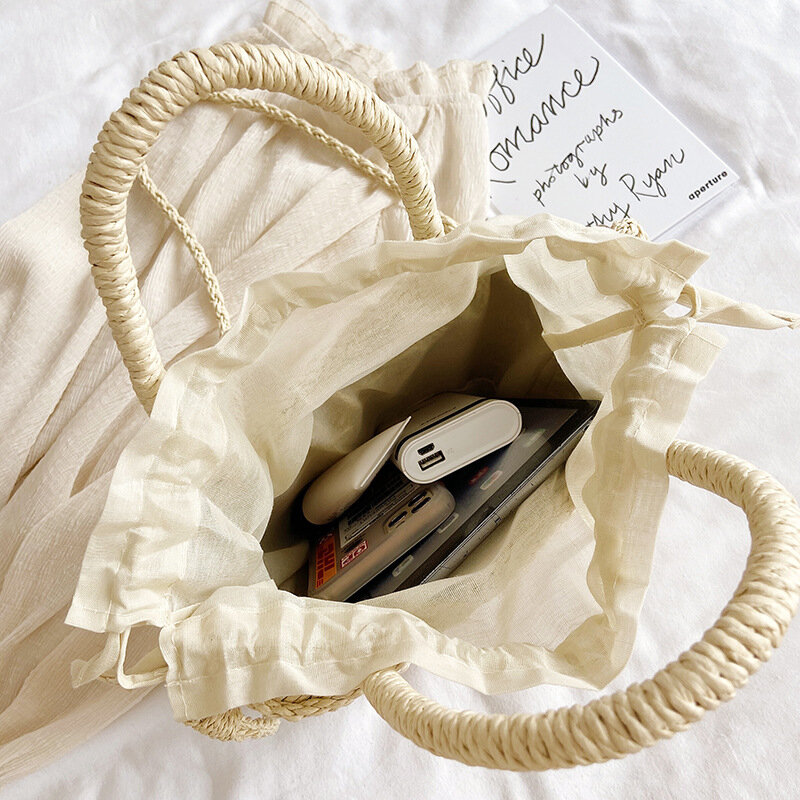 Bolso de cubo de mimbre bohemio para mujer, bolsa de paja con cordón, hecha a mano, con correa larga, tejido
