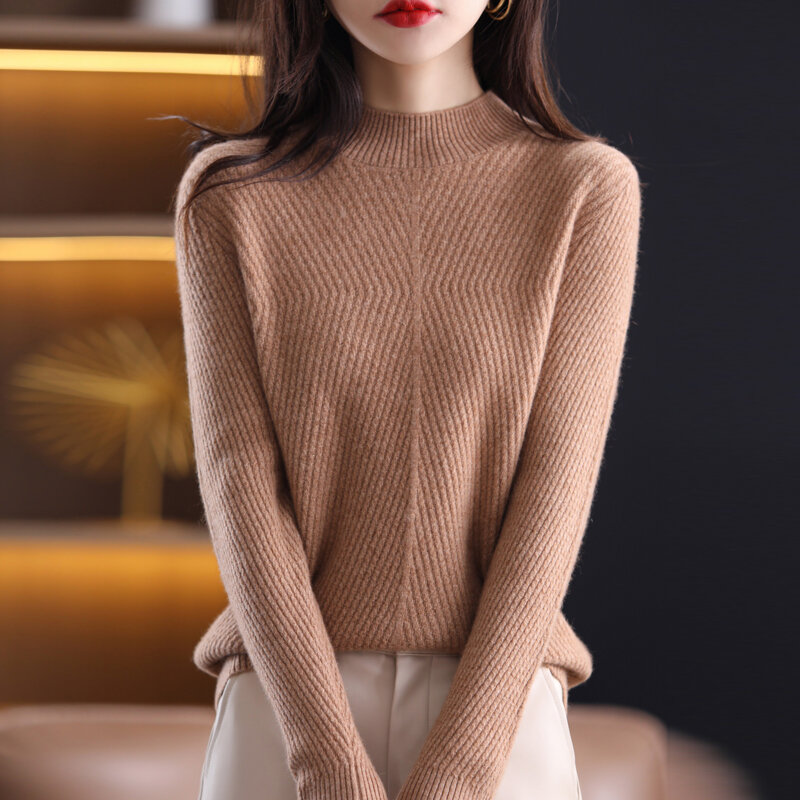 Suéter de cachemira a la moda para mujer, Jersey fino de lana pura que combina con todo, de media altura, Simple y suelto, novedad de invierno