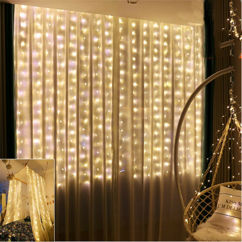 300 LED Lumière de rideau solaire Décoration de Noël extérieure 2023 Festoon Fairy Light 3Mx3M imperméable à l’eau en fil de cuivre Guirlande Nouvel An 2024 Pour Mariage / Noël / Party / Maison / Chambre / Décor de jar