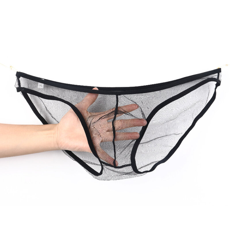 Men's Sexy Low Waist Ultra-Thin Mesh Transparent Underwear Large Size Briefs  Men Briefs With U Convex Bag