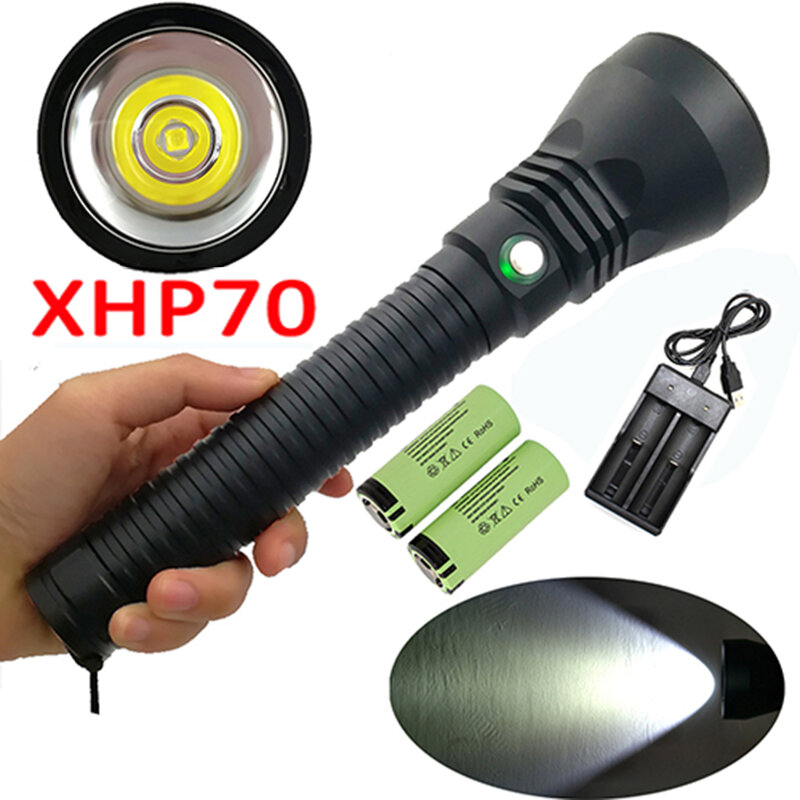 Luz branca xhp70 5000lm, lanterna led para mergulho subaquático, à prova d'água, lâmpada de mergulho, + 2x26650 de bateria + carregador