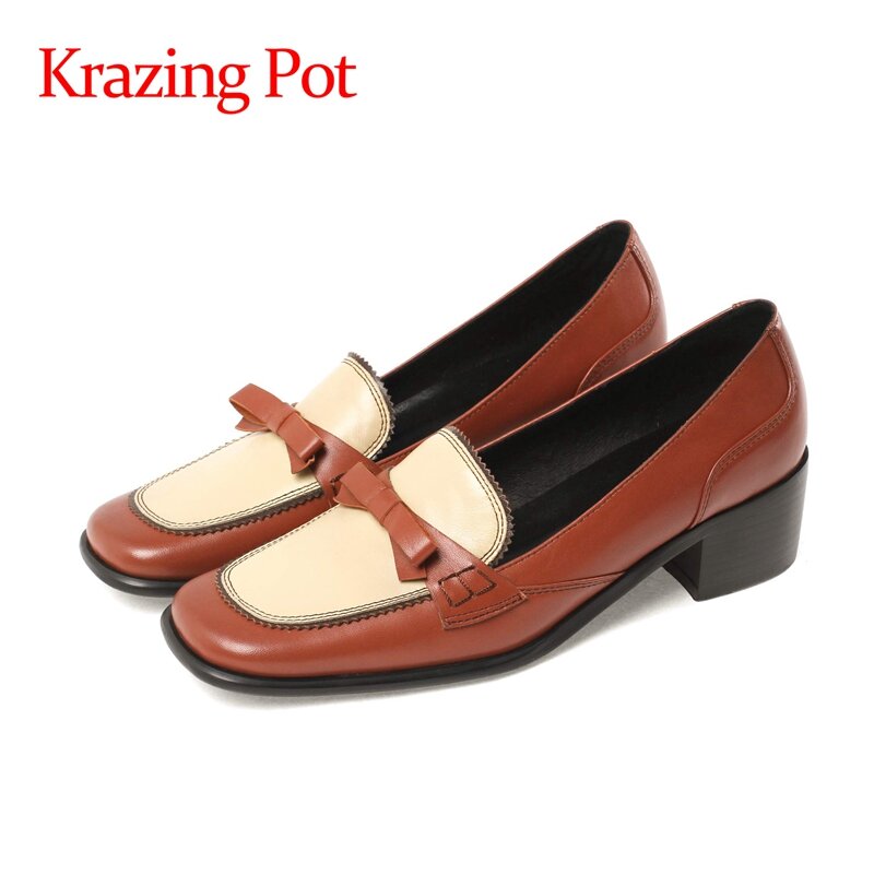 Krazing Pot – escarpins à enfiler en cuir véritable pour femmes, bout carré, talons med, nœud papillon, beauté scolaire britannique, haute mode, L34
