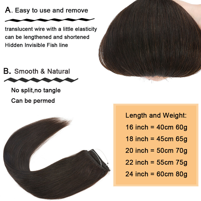SEGO ekstensi rambut lurus 16 "-24", ekstensi rambut manusia asli, bando rahasia tak terlihat, ekstensi rambut kawat untuk wanita