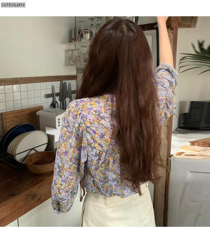Vintage Long Sleeve Floral Print Shirt Women 2020 New Autumn Korean Style V-neck Loose Sweet Chiffon Blouses Blusas