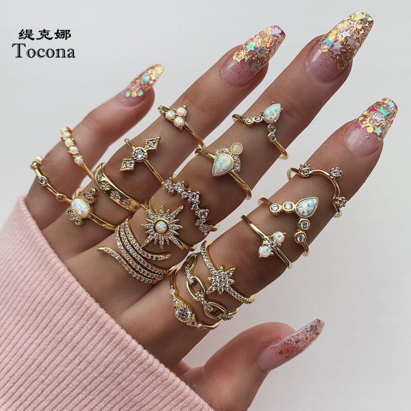 Tocona Boho 17pcs/sets Luxury Clear Crystal Stone Wedding Ring for Women Men Water Drop Flowers Sun Geoemtric Jewelry кольца