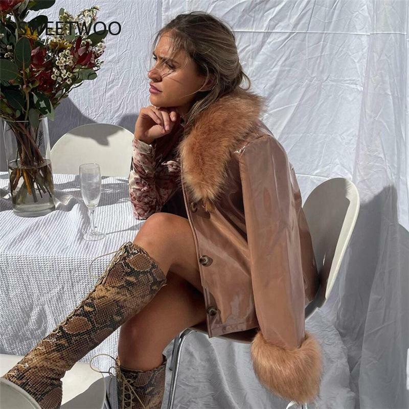 2021 jesienno-zimowa nowa damska moda z długimi rękawami futrzany kołnierz jednorzędowy szczupła ciepła skórzana kurtka damska 3 kolory