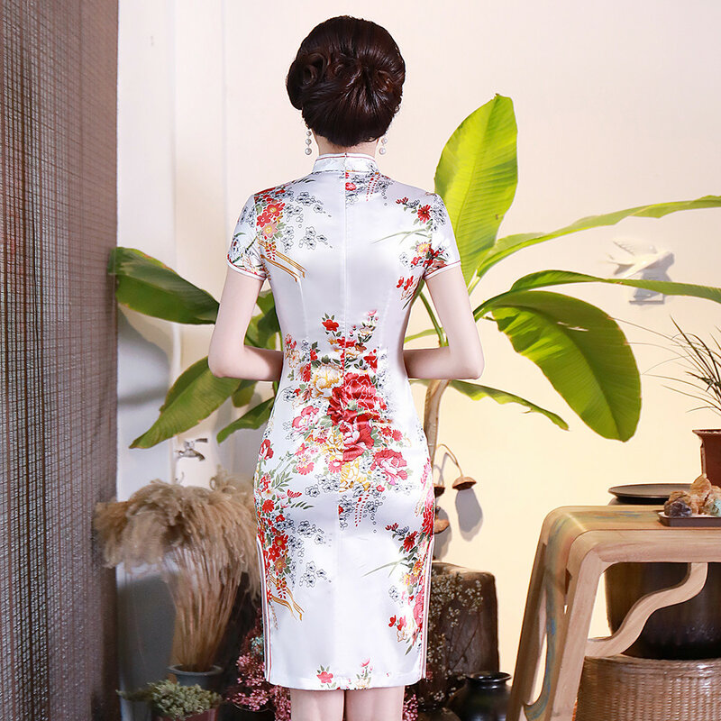 Vestido Qipao florido para mulheres, mini vestido oriental clássico, estampa azul royal, vestido chinês clássico, vestido de festa casual, tamanho grande, 3XL