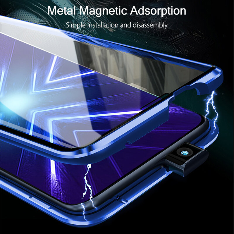 Caso amortecedor para huawei honor 9x caso de metal magnético 360 completa dupla vidro temperado volta capa dura para honra 9x caso premium