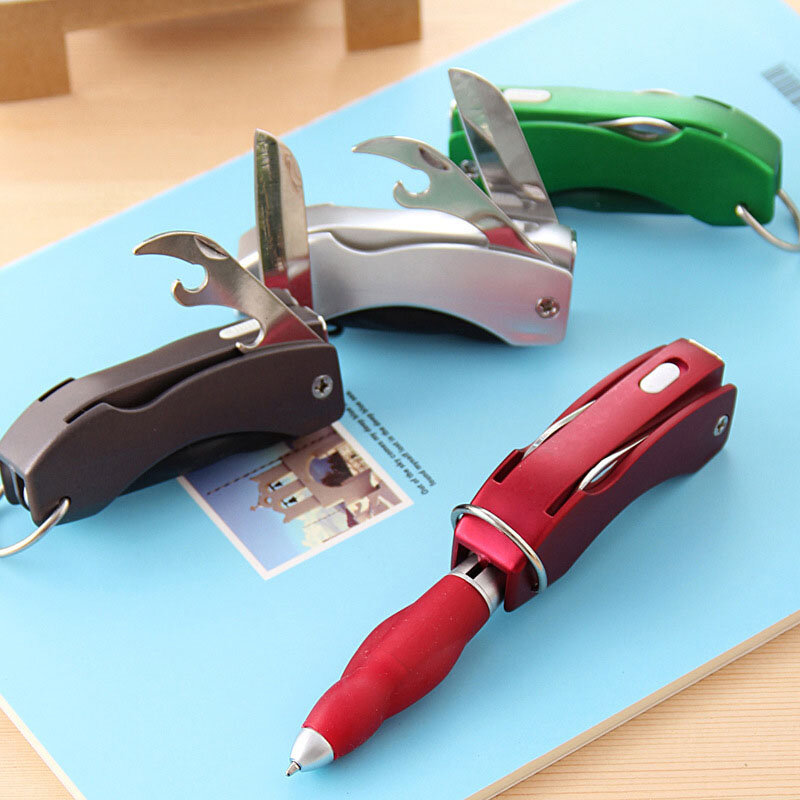 Multi-propósito faca 2 IN1 caneta esferográfica caneta ferramenta de abridor de Garrafa Faca Dobrável Mão Canetas Material Escolar Escritório Led luz stationa