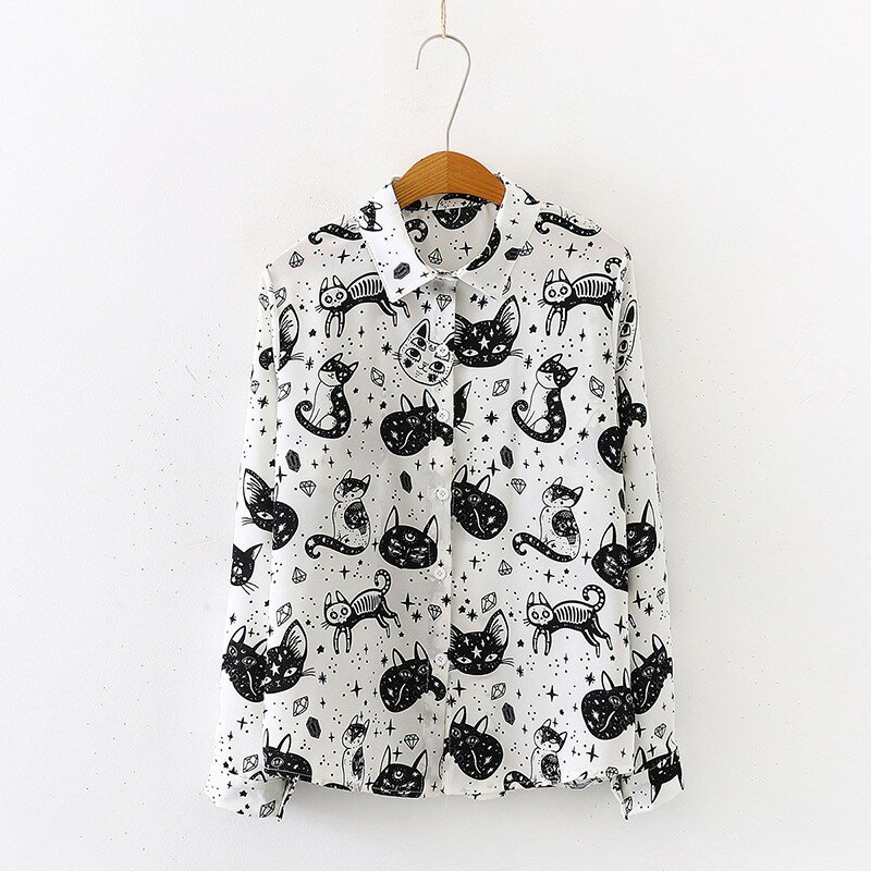 Chemise à manches longues imprimée chaton pour femmes, chemisiers en Y et chemisiers de bureau Harajuku, blanc, noir, dame, automne