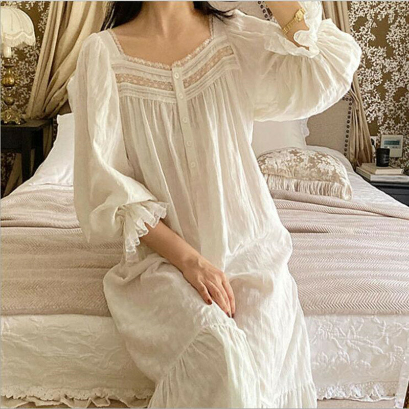 ผ้าฝ้ายผู้หญิงชุดนอนสีขาวหลวมกลางยาว Home ชุดฤดูใบไม้ผลิฤดูใบไม้ร่วงแขนยาวชุดนอนเจ้าหญิง Vintage Nightgowns
