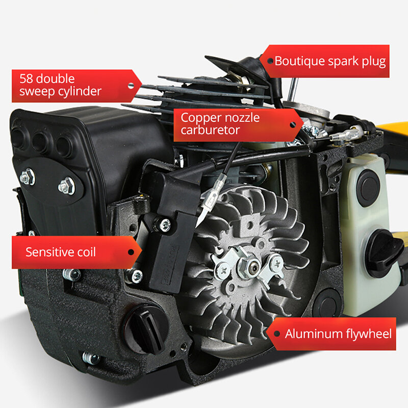 Motosierras de cadena de gasolina, 7000w, 14300rpm, 20 pulgadas, 75cc, 2 tiempos, cilindro de doble barrido, depósito de combustible transparente