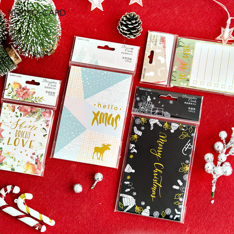 12 unids/pack tarjetas postales de oso de árbol de Navidad, tarjetas de felicitación, tarjetas de mensaje, tarjetas de deseos, papelería, regalos de navidad