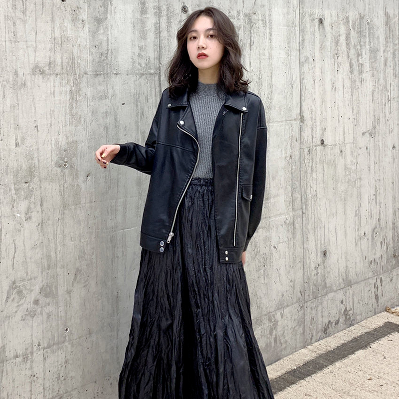 Schwarz Leder Jacke Frauen Streetwear Zipper Lose Frauen Biker Jacke Koreanische Mode Y2K Chic Warme Leder Harajuku Mantel 2021