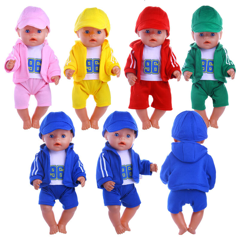 4個スポーツセット = 帽子 + 服 + tシャツ + パンツFor18インチアメリカ & 43センチメートル新生児人形の服アクセサリー世代クリスマスギフト