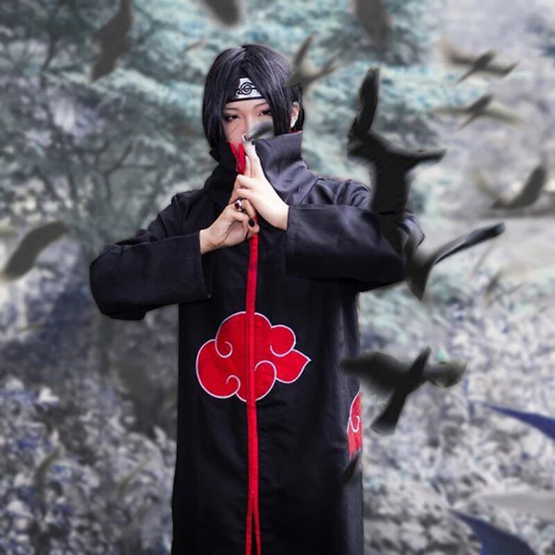Anime Naruto kostium z płaszczem Akatsuki Uchiha Itachi naszyjnik z pałąkiem na głowę pierścień płaszcz dorosły dziecko Cosplay halloween odzież zestaw