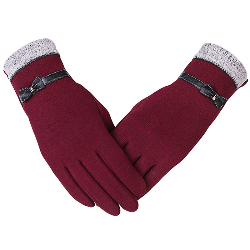 1 Pair Women Cute Bow Full Finger Gloves Touch Screen Winter Warm Mittens Driving Ski Riding Windproof Gloves