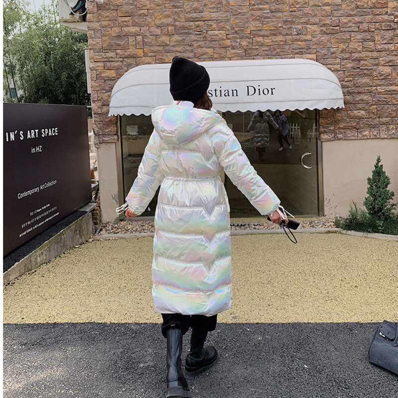 여성용 샤이니 X 롱 다운 재킷, 후드 파카, 루즈 방수 코트, 두껍고 따뜻한 여성 재킷, 2023 겨울 패션