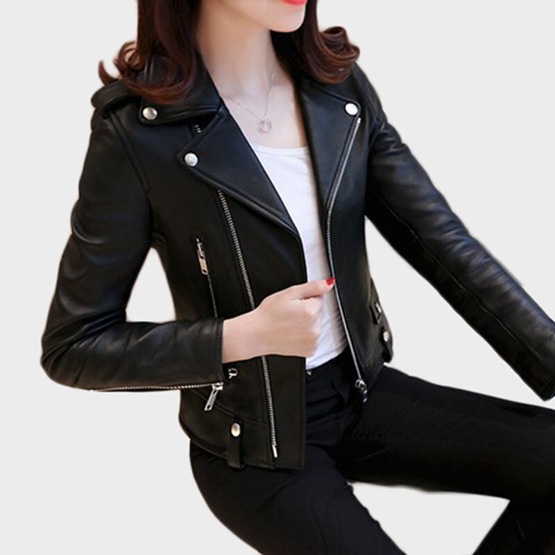 UHYTGF 2023 جديد سيدة سترة جلدية المرأة بولي Leather معطف جلد ملابس أنيقة الربيع الخريف الملابس قصيرة جاكيتات 132