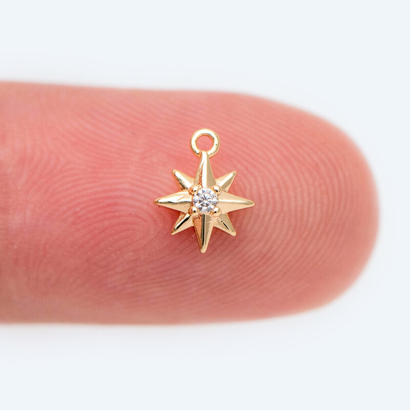 Ciondolo stella pavimentato CZ da 10 pezzi 6x8mm, ciondolo Mini stella in ottone placcato oro 18 carati (GB-1747)