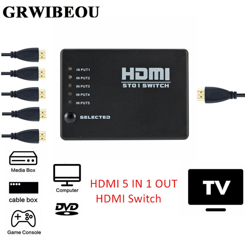 Grwibeou 5 In 1 Out 5 Port Video HDMI Switch Selector HDMI 5 IN 1 Out Switch Box Splitter Hub & IR Remote 1080p For HDTV PS3 DVD
