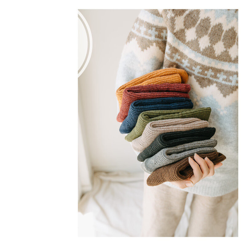 CHAOZHU – chaussettes en laine mérinos épaisse et chaude, classiques, de couleur unie, côtelées, de haute qualité, amples, mode japonaise, coréenne, hiver