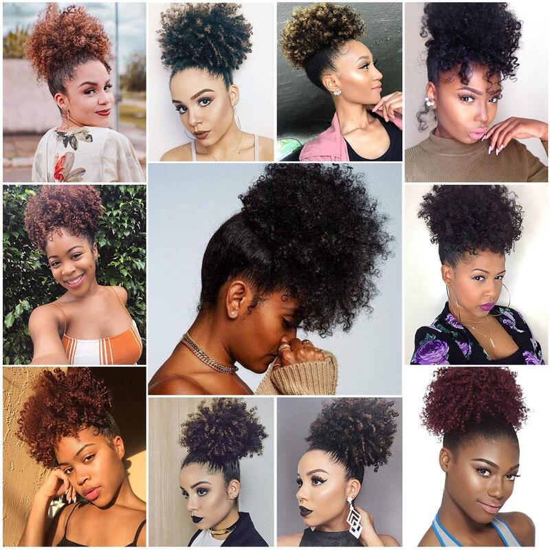 Curto Afro Puff Kinky Curly Drawstring Ponytail peruca, cabelo falso Bun, Chignon Updo, peruca sintética para mulheres negras, 8"