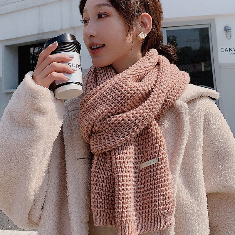 2021 Herfst Winter Warm Lange Breien Sjaal Voor Vrouwen En Mannen Japan En Zuid-korea Effen Kleur Gebreide Wollen Dikke sjaals