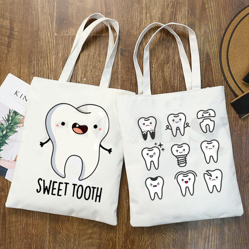 Dente e dentista gráfico estético engraçado moda bolsas de ombro sacos de compras casuais meninas bolsa feminina elegante lona