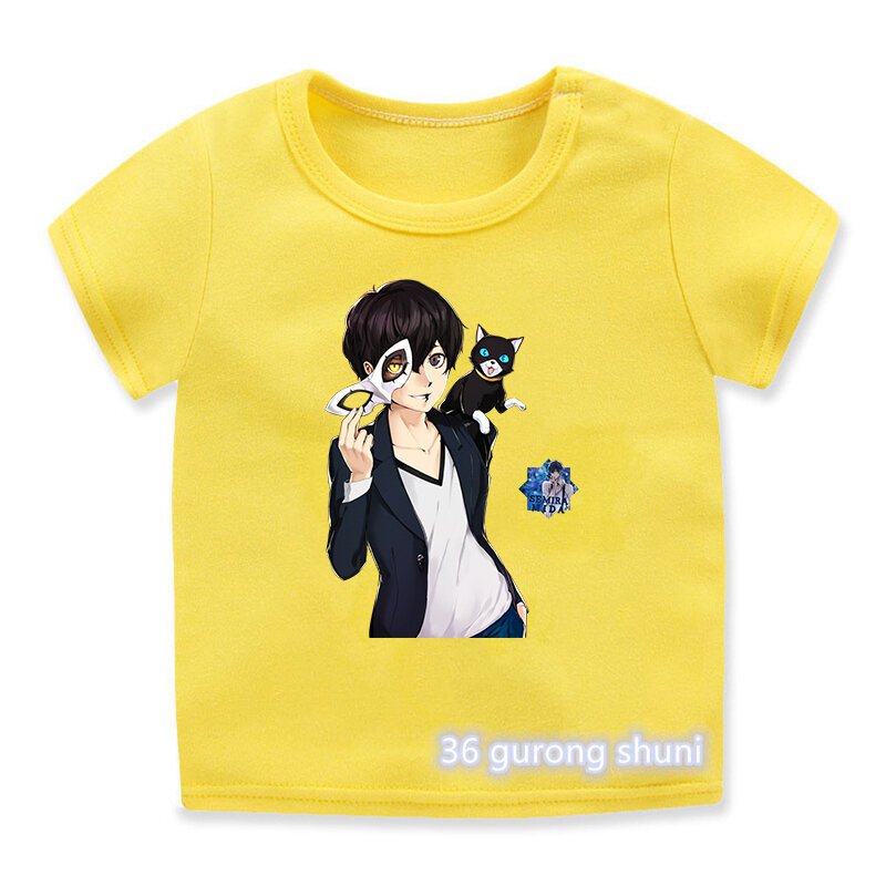 참신 디자인 Teen Tshirts Anime Persona 5 조커 만화 프린트 소년 티셔츠 캐주얼 힙합 어린이 티셔츠 옐로우 셔츠 탑스