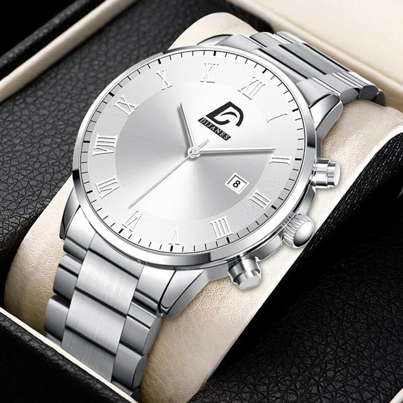 Relógio de pulso quartzo de aço inoxidável masculino, Relógios Luxo, Calendário, Negócios, Casual, Moda