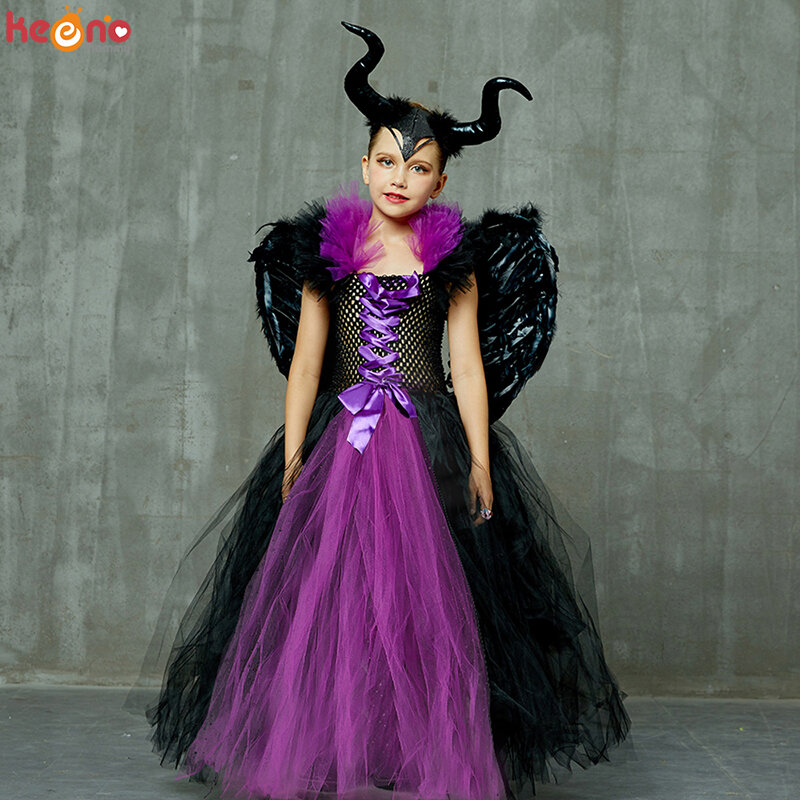 Böse Königin Schwarz Halloween Kostüm Mädchen Kleid Tutu Kleid mit Horn Flügel Gothic Vampire Hexe Kinder Karneval Party Phantasie Kleid