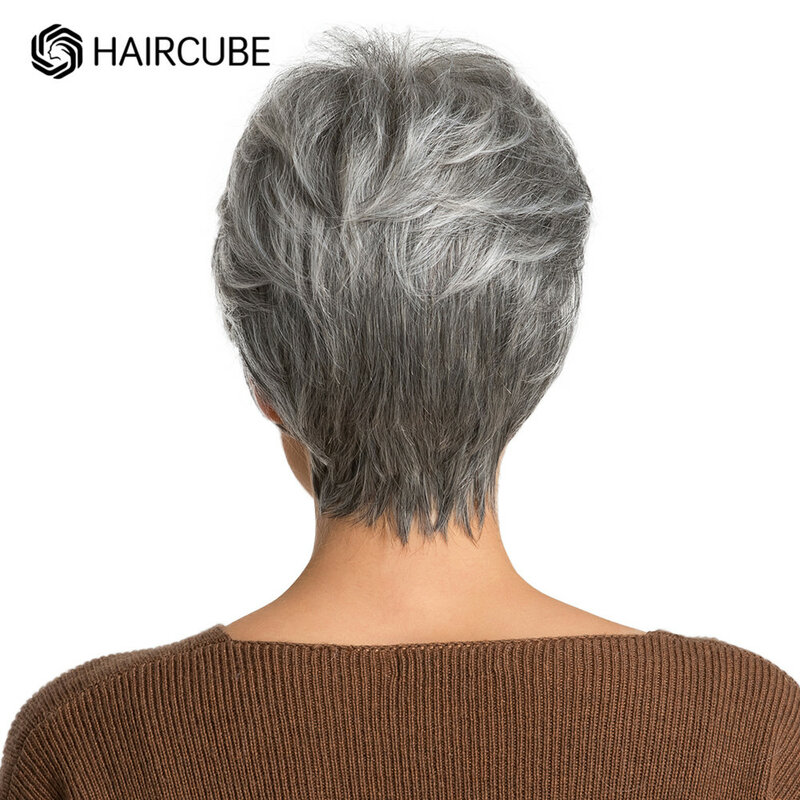 HAIRCUBE krótkie szare włosy peruka z grzywką srebrny Ash Pixie peruki dla kobiet peruki syntetyczne mieszane z ludzkimi włosami wysoka temperatura