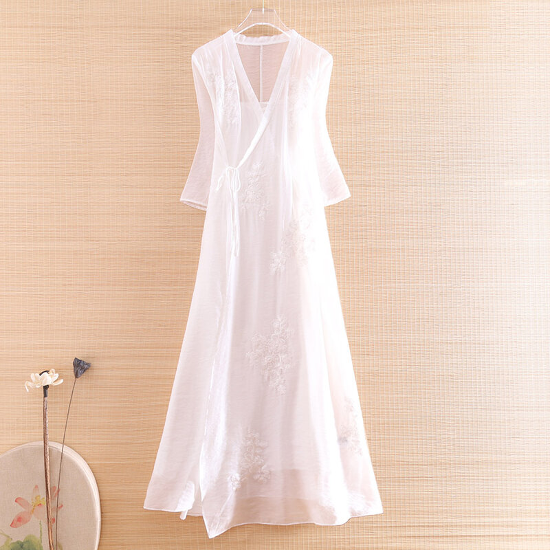 High-end Chinese Style Spring Women Dress Ethnic Style V-neck Retro Embroidery Elegant Floral Lady A-line Party Dress S-XXL