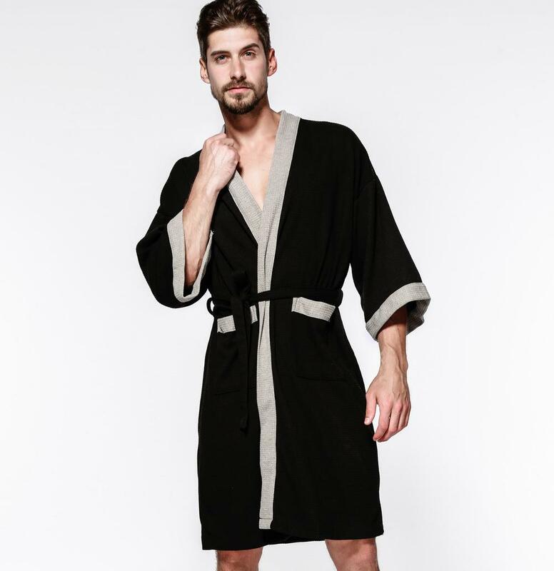 Cotton Waffle Men Kimono Bathrobe Gown Sleepwear Couple Black Robe Nightwear Loose Casual Sauna Yukata Spring Summer Home Wear