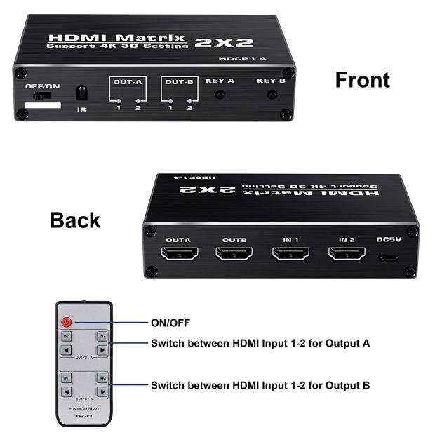 Матричный переключатель HDMI 2x2, 4K @ 60 Гц, разветвитель, Поддержка HDCP 1,4, ИК-пульт дистанционного управления, матричный переключатель HDMI 2 в 2 выхода